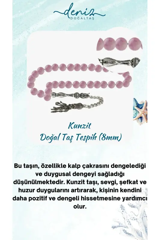 Sertifikalı Kunzit Doğal Taş Tesbih 8mm - tesbihrenk23 - 1