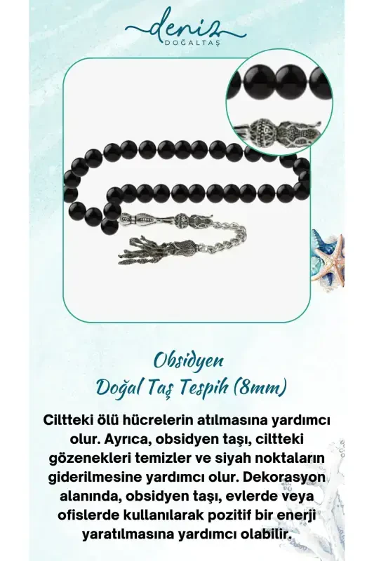 Sertifikalı Obsidyen Doğal Taş Tesbih 8mm-tesbihrenk28 - 1
