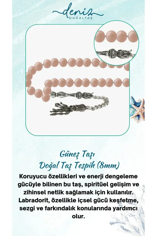 Sertifikali Quyosh Toshi Tabiiy Tosh Tasbeh 8mm - tasbehrang13 - DENIZ DOĞAL TAŞ