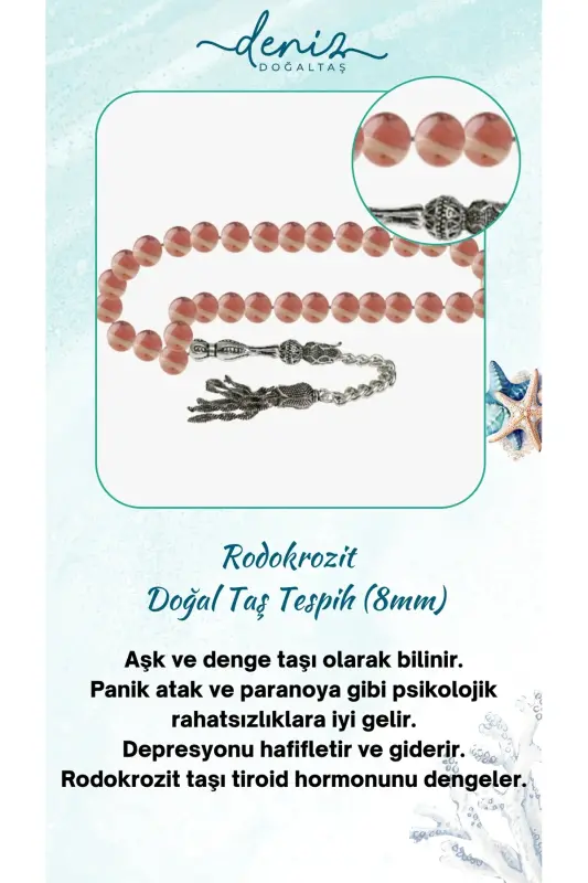 Sertifikalı Rodokrozit Doğal Taş Tesbih 8mm-tesbihrenk31 - DENIZ DOĞAL TAŞ