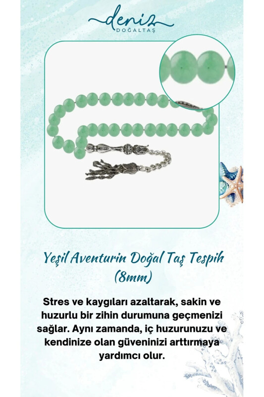 Sertifikalı Yeşil Aventurin Doğal Taş Tesbih 8mm-tesbihrenk38 - DENIZ DOĞAL TAŞ