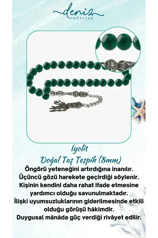 Sertifikatlangan Iolit Tabiiy Tosh Tasbeh 8mm-tesbihrenk15 - DENIZ DOĞAL TAŞ