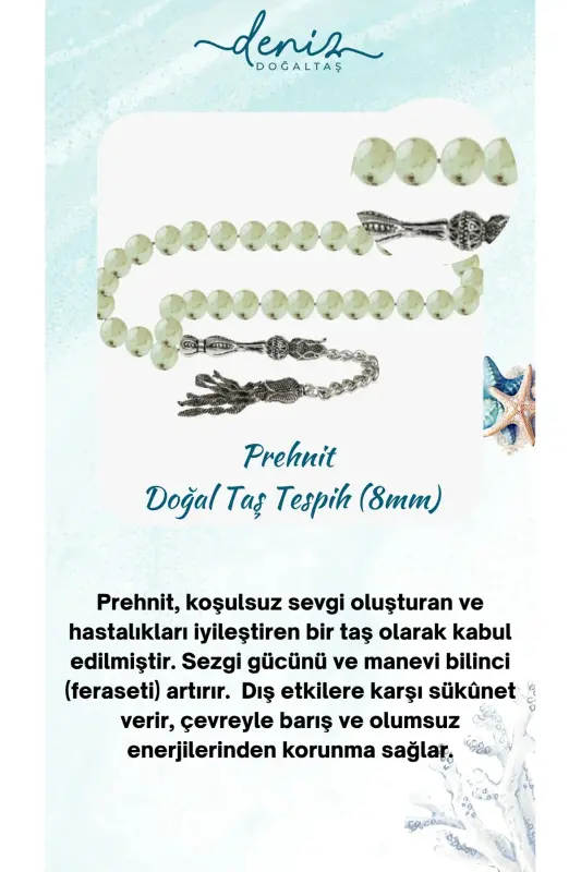 Sertifikatlangan Prehnit Tabiiy Tosh Tasbeh 8mm-tesbihrenk30 - DENIZ DOĞAL TAŞ