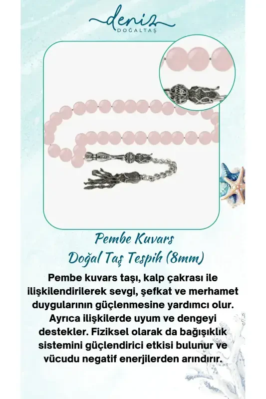 Sertifikatlangan Pushti Kvarts Tabiiy Tosh Tasbeh 8mm-tesbihrenk29 - 1