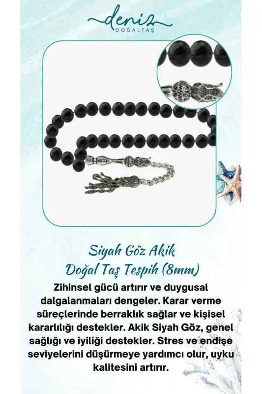 Sertifikatlangan Qora Ko'zli Aqiq Tabiiy Tosh Tasbeh 8mm-tesbihrenk34 - 1