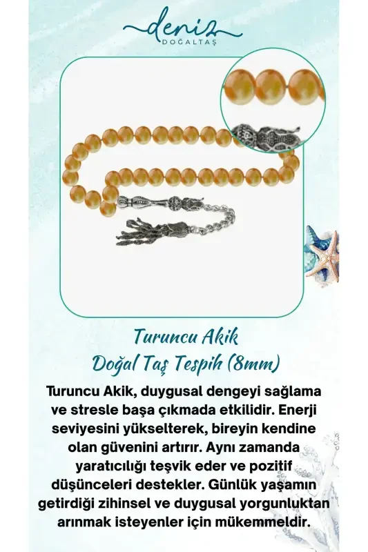 Sertifikatlangan to'q sariq agat tabiiy toshli tasbeh 8mm-tasbehrenk35 - DENIZ DOĞAL TAŞ