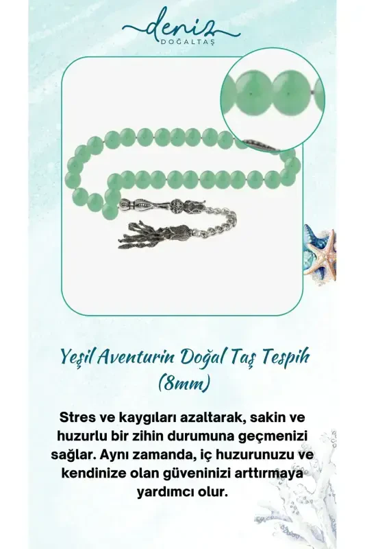 Sertifikatlangan Yashillar Aventurin Tabiiy Tosh Tesbih 8mm - DENIZ DOĞAL TAŞ