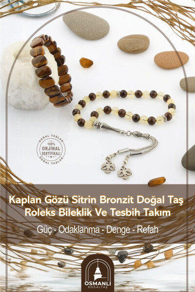 Sertifikatlangan Yo'lbars Ko'zi Sitrin Bronzit Tabiiy Tosh Rolex Bilaguzuk Va Tasbeh To'plami Ts032 - OSMANLI DEĞERLİ TAŞ