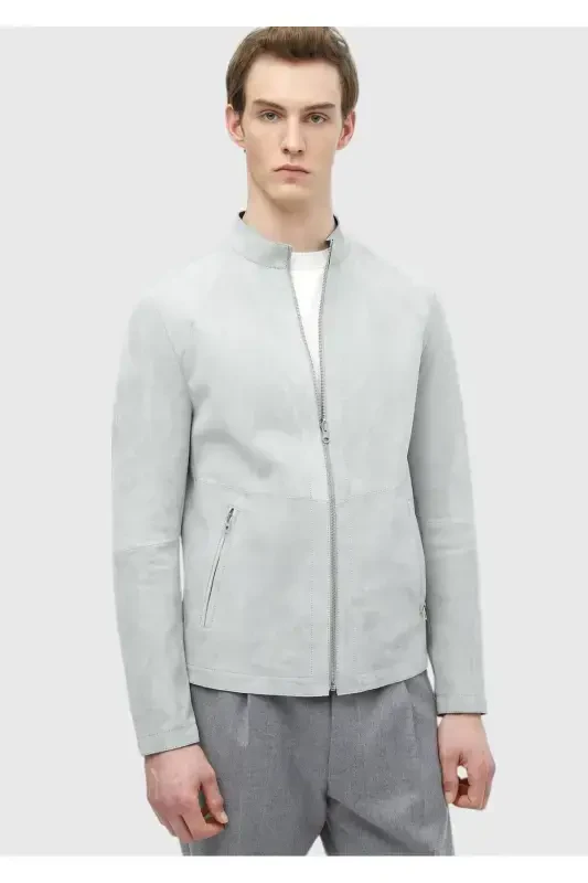 Серый кожаный плащ - 5