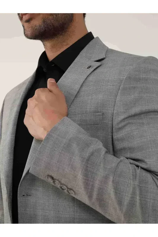 Серый мужской костюм Slim Fit в клетку с однобортным пиджаком - 95012 - 5