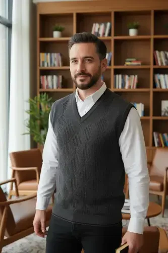 Серый мужской трикотажный вязаный свитер с V-образным вырезом, не скатывающийся, стандартного кроя, с узором «косы» — серый - 1