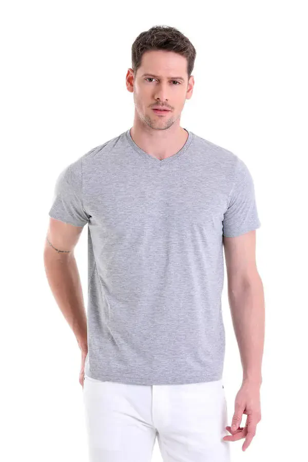 Серый Regular Fit Прямой 100% хлопковый футболка с V-образным вырезом - 1