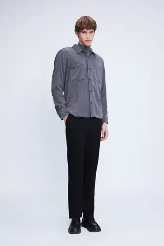 Серый шакет комфортной посадки с длинными рукавами, бархатный. - HATEMOĞLU (1)