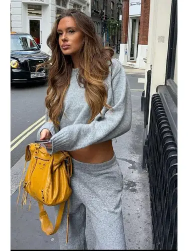 Серый Трикотажный Джемпер Оверсайз с Круглым Вырезом Mg1972-Серый - 4