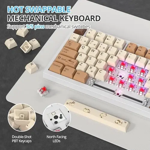 SbocKeeb 75 Percent Keyboard Gasket-Mounted with Sound Absorbing Pads, 82-Key Compact Wired RGB Mechanical Gaming Keyboard Hot-Swap Socket for Win, Coffee Cat - 3