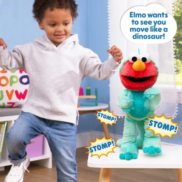 Sesame Street Dino Stomp Elmo 13 dyuymli yumshoq o'yinchoq qo'shiq aytadi va raqsga tushadi, 18 oylikdan katta bolalar uchun o'yinchoq. - 6