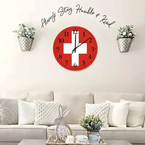Silent Wall Clock Round Silent Non-ticking Switzerland Flag Country Wall Clocks Patriotic Vanity Gift Home Decoration for Workshop Home Porch 15 Inch - 5