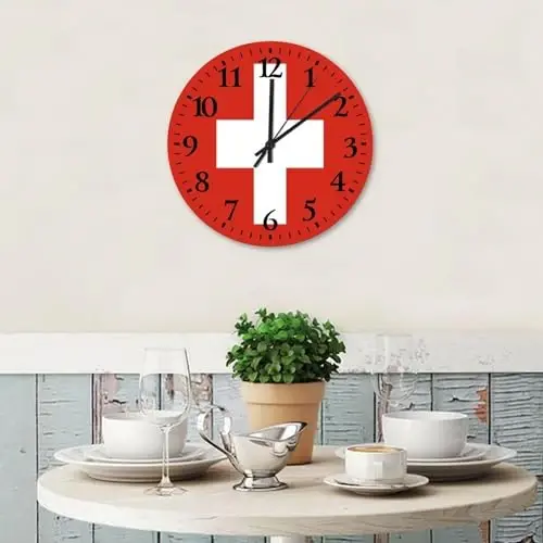Silent Wall Clock Round Silent Non-ticking Switzerland Flag Country Wall Clocks Patriotic Vanity Gift Home Decoration for Workshop Home Porch 15 Inch - 2