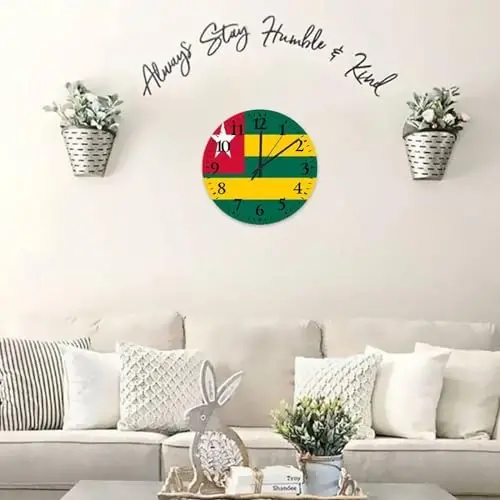 Wood Hanging Wall Clock Analog Round Non-ticking Togo Flag Beautiful Wall Clocks Patriotic Vanity Gift Wall Decor for Entryway Office Conference Room 10 Inch - 5