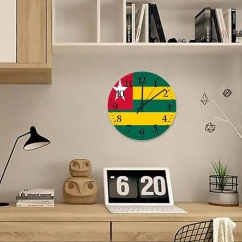 Wood Hanging Wall Clock Analog Round Non-ticking Togo Flag Beautiful Wall Clocks Patriotic Vanity Gift Wall Decor for Entryway Office Conference Room 10 Inch - 4