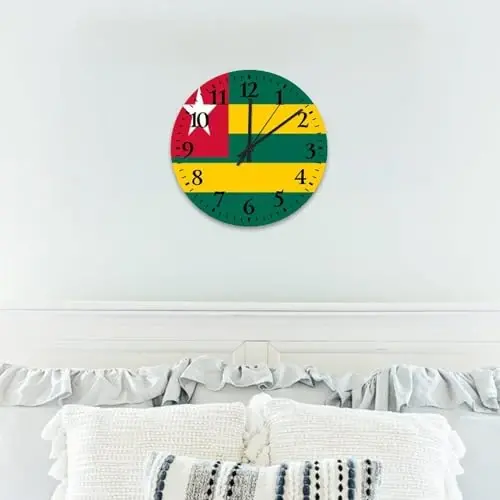 Wood Hanging Wall Clock Analog Round Non-ticking Togo Flag Beautiful Wall Clocks Patriotic Vanity Gift Wall Decor for Entryway Office Conference Room 10 Inch - 7