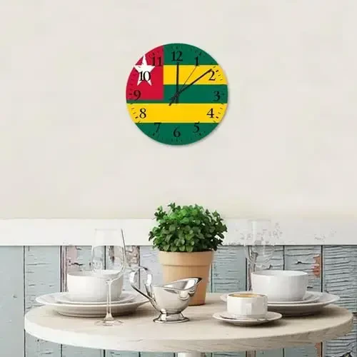 Wood Hanging Wall Clock Analog Round Non-ticking Togo Flag Beautiful Wall Clocks Patriotic Vanity Gift Wall Decor for Entryway Office Conference Room 10 Inch - Wodevor (1)