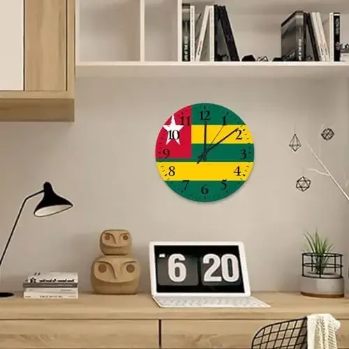 Wood Hanging Wall Clock Analog Round Non-ticking Togo Flag Beautiful Wall Clocks Patriotic Vanity Gift Wall Decor for Entryway Office Conference Room 10 Inch - 4