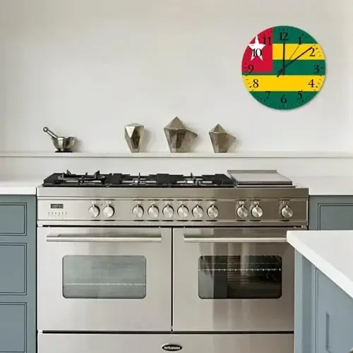 Wood Hanging Wall Clock Analog Round Non-ticking Togo Flag Beautiful Wall Clocks Patriotic Vanity Gift Wall Decor for Entryway Office Conference Room 10 Inch - 6