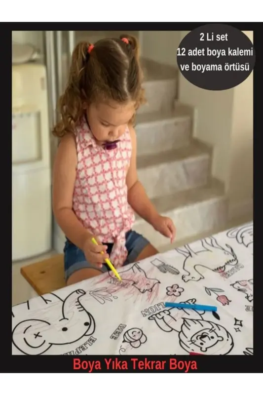 Set Kalem Kumaş Yıkanabilir Boyama Seti 12li Boya Ile Su Geçirmez Örtü Eğitici Boyama 100x150cm - Siyah - 2
