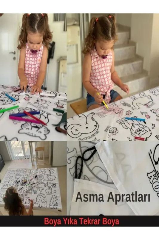 Set Kalem Kumaş Yıkanabilir Boyama Seti 12li Boya Ile Su Geçirmez Örtü Eğitici Boyama 100x150cm - Siyah - 4