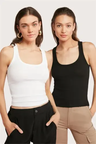 Set of 2 White - Black Women's Corset-Style Tank Top with Thick Straps and Basic Design - 1