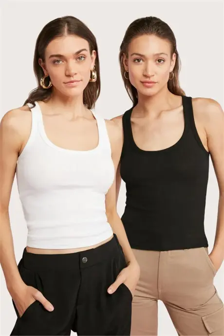 Set of 2 White - Black Women's Corset-Style Tank Top with Thick Straps and Basic Design - 1