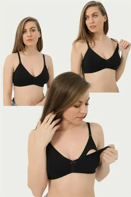 Set of 3 Black Maternity Bras, Non-Padded, Cotton Lycra - BÜYÜKBEDENIZ
