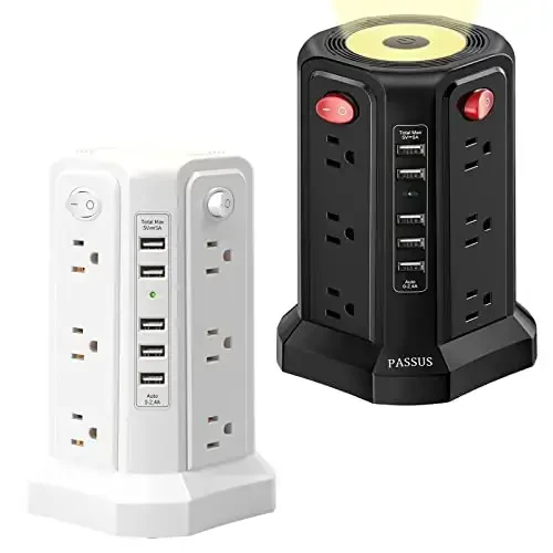 Сетевой фильтр-башня с 5 портами USB и ночником, удлинитель 3м с 12 розетками переменного тока, башня PASSUS, защита от перегрузки для дома, офиса, общежития (2 шт. - белый + черный) - 1
