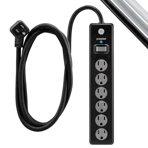 Сетевой фильтр GE Surge Protector Power Strip, удлинитель 3 м, 6 розеток, 800 джоулей, плоская вилка, защитные шторки Twist-to-Close, сертификат ETL, черный, 54646, 2 шт. (упаковка из 12 шт.) - 2