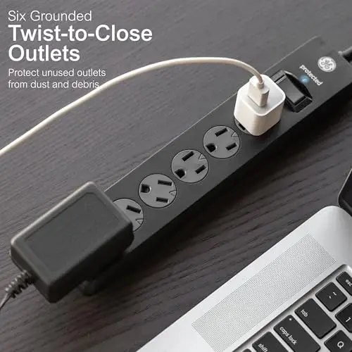 Сетевой фильтр GE Surge Protector Power Strip, удлинитель 3 м, 6 розеток, 800 джоулей, плоская вилка, защитные шторки Twist-to-Close, сертификат ETL, черный, 54646, 2 шт. (упаковка из 12 шт.) - 3