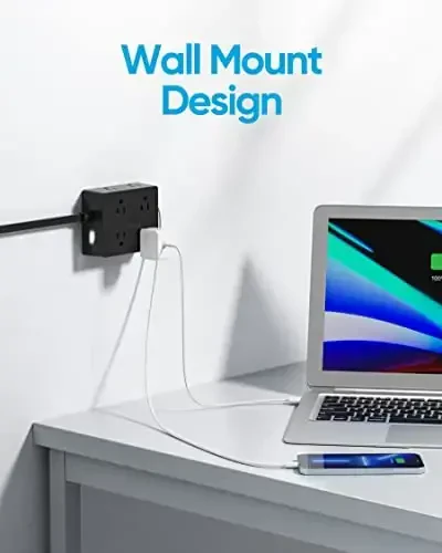 Сетевой фильтр, Olcorife удлинитель 20 футов с 8 розетками, 4 портами USB (1 USB C), плоский штекер, для общежития, черный - 5