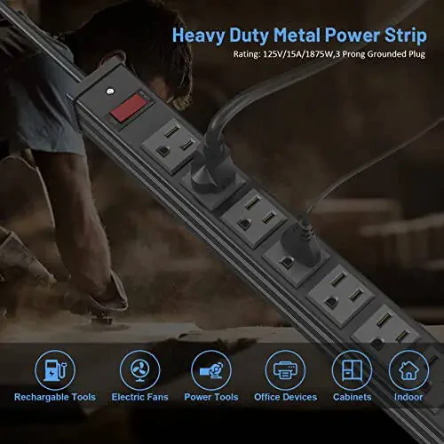 Сетевой фильтр с 24 розетками из металла, Extra Long Heavy Duty с удлинительным шнуром 10FT, Монтируемый сетевой фильтр для склада, гаража, верстака, ETL, Черный - 2