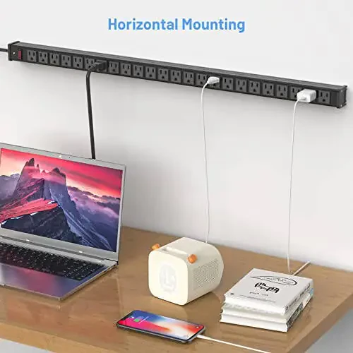 Сетевой фильтр с 24 розетками из металла, Extra Long Heavy Duty с удлинительным шнуром 10FT, Монтируемый сетевой фильтр для склада, гаража, верстака, ETL, Черный - 4