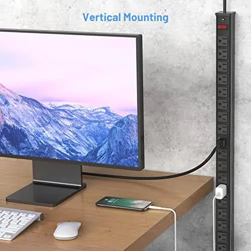 Сетевой фильтр с 24 розетками из металла, Extra Long Heavy Duty с удлинительным шнуром 10FT, Монтируемый сетевой фильтр для склада, гаража, верстака, ETL, Черный - 5