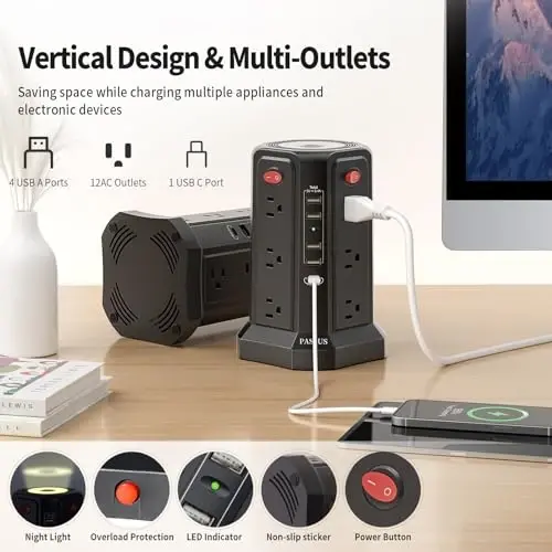 Сетевой фильтр с 5 портами USB (1 USB C PD20W), удлинители PASSUS 2-го поколения с ночником, удлинитель 3м с несколькими розетками для дома, офиса, общежития - 2