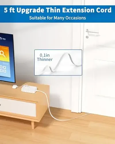 Сетевой фильтр с 6 розетками, 4 портами USB (2USB C), плоский удлинитель с несколькими розетками, 1080 джоулей, плоский штекер 1,5 м, удлинитель для помещений, офисных принадлежностей, товаров первой необходимости для общежития - 3