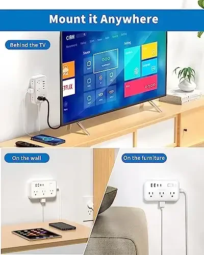 Сетевой фильтр с 6 розетками, 4 портами USB (2USB C), плоский удлинитель с несколькими розетками, 1080 джоулей, плоский штекер 1,5 м, удлинитель для помещений, офисных принадлежностей, товаров первой необходимости для общежития - 4