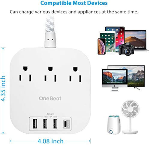 Сетевой фильтр с USB-C, 3 розетки 4 USB-порта (22.5 Вт/4,5 А) Настольная зарядная станция, плоская вилка, 5-футовый плетеный удлинитель, без защиты от скачков напряжения для путешествий, круизных лайнеров, сертифицированный ETL - 7