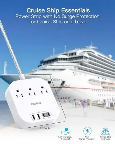 Сетевой фильтр с USB-C, 3 розетки 4 USB-порта (22.5 Вт/4,5 А) Настольная зарядная станция, плоская вилка, 5-футовый плетеный удлинитель, без защиты от скачков напряжения для путешествий, круизных лайнеров, сертифицированный ETL - 4