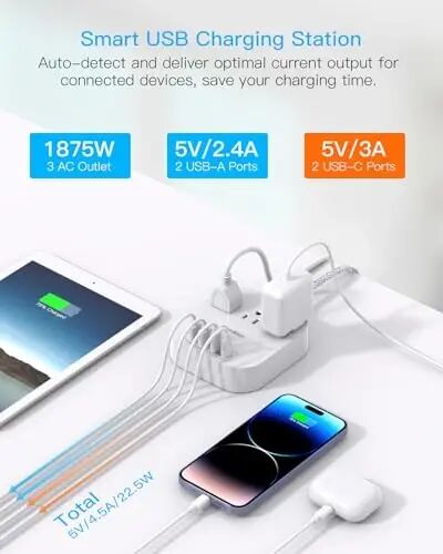 Сетевой фильтр с USB-C, 3 розетки 4 USB-порта (22.5 Вт/4,5 А) Настольная зарядная станция, плоская вилка, 5-футовый плетеный удлинитель, без защиты от скачков напряжения для путешествий, круизных лайнеров, сертифицированный ETL - 2