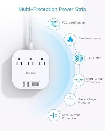 Сетевой фильтр с USB-C, 3 розетки 4 USB-порта (22.5 Вт/4,5 А) Настольная зарядная станция, плоская вилка, 5-футовый плетеный удлинитель, без защиты от скачков напряжения для путешествий, круизных лайнеров, сертифицированный ETL - 5