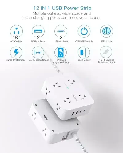 Сетевой фильтр, удлинитель 15 футов, HANYCONY, 8 розеток, 4 USB (2 USB C), плоская вилка, настольная зарядная станция для дома, офиса, общежития. - 2