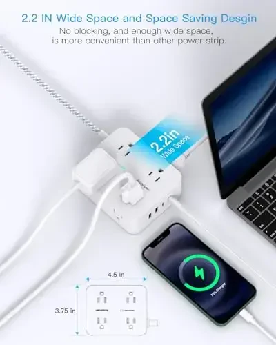 Сетевой фильтр, удлинитель 15 футов, HANYCONY, 8 розеток, 4 USB (2 USB C), плоская вилка, настольная зарядная станция для дома, офиса, общежития. - 3