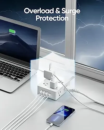 Сетевой фильтр-удлинитель, Olcorife, удлинитель 6 м с 8 розетками, 4 портами USB (1 USB C), плоский настенный штекер, незаменимые вещи для общежития, белый - 4